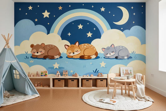 Woodland Animals Blue Rainbow Wallpaper – peel and stick wallpaper mural, Golden Era Walls