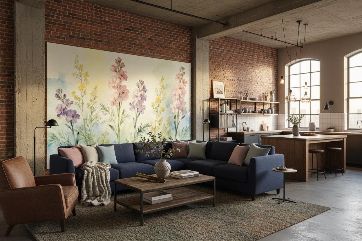Pastel Watercolor Floral Botanical Floral Wallpaper – alternate view, Golden Era Walls