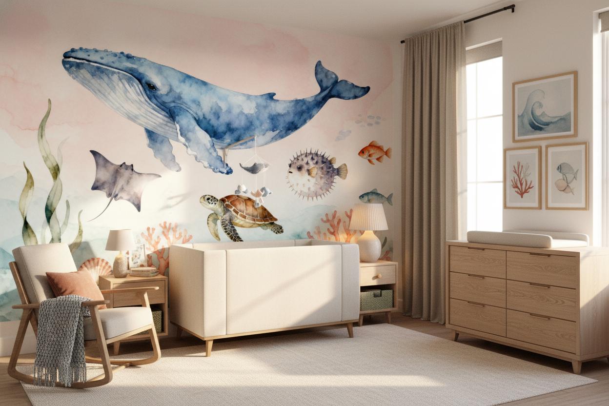 Pastel Ocean Animals Watercolor Coastal Wallpaper – lifestyle view, Golden Era Walls