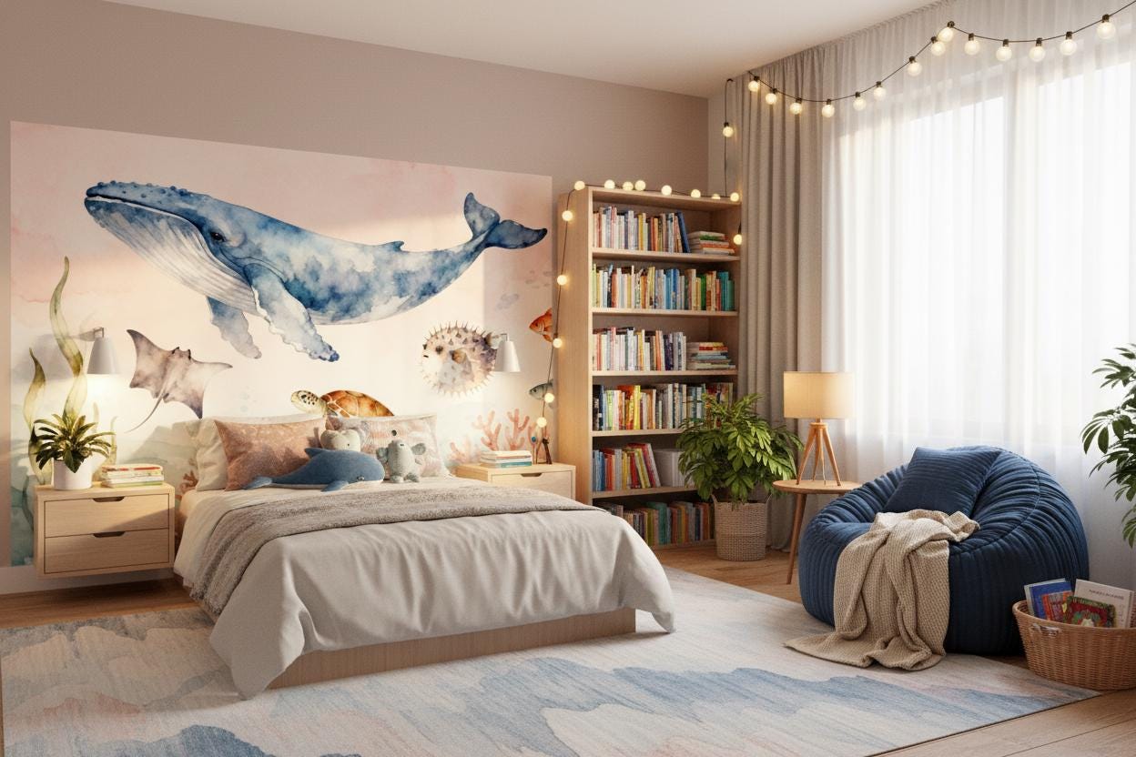 Pastel Ocean Animals Watercolor Coastal Wallpaper – detail view, Golden Era Walls