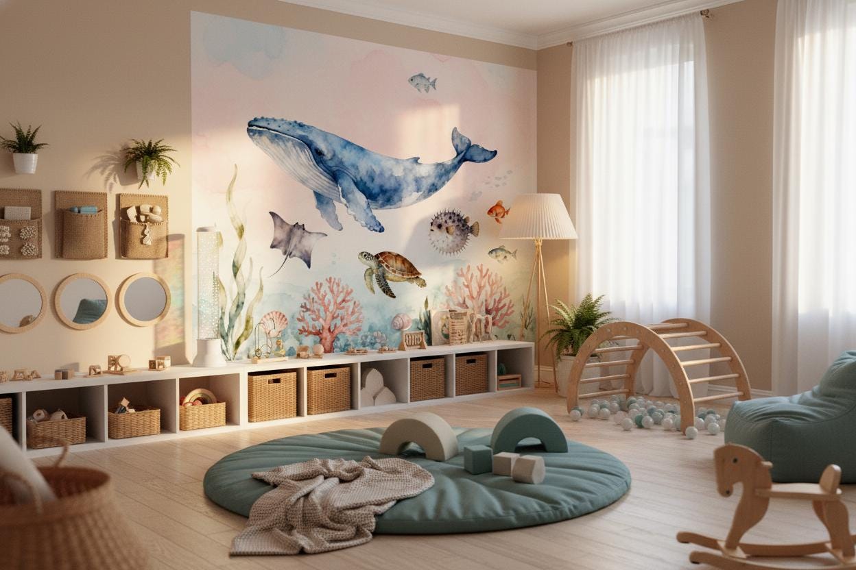 Pastel Ocean Animals Watercolor Coastal Wallpaper – scale reference, Golden Era Walls