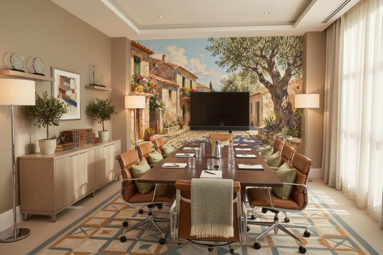 Mediterranean Village Olive Tree Floral Wallpaper – detail view, Golden Era Walls