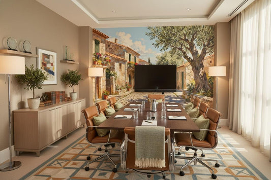 Mediterranean Village Olive Tree Floral Wallpaper – detail view, Golden Era Walls