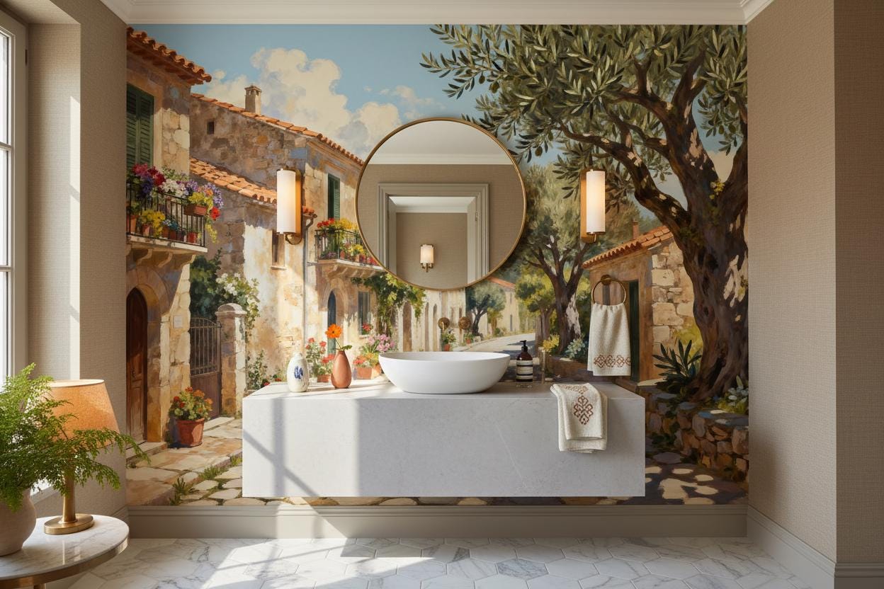 Mediterranean Village Olive Tree Floral Wallpaper – scale reference, Golden Era Walls
