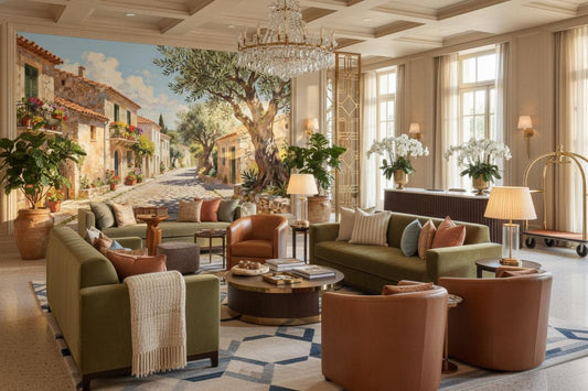 Mediterranean Village Olive Tree Floral Wallpaper – room setting, Golden Era Walls