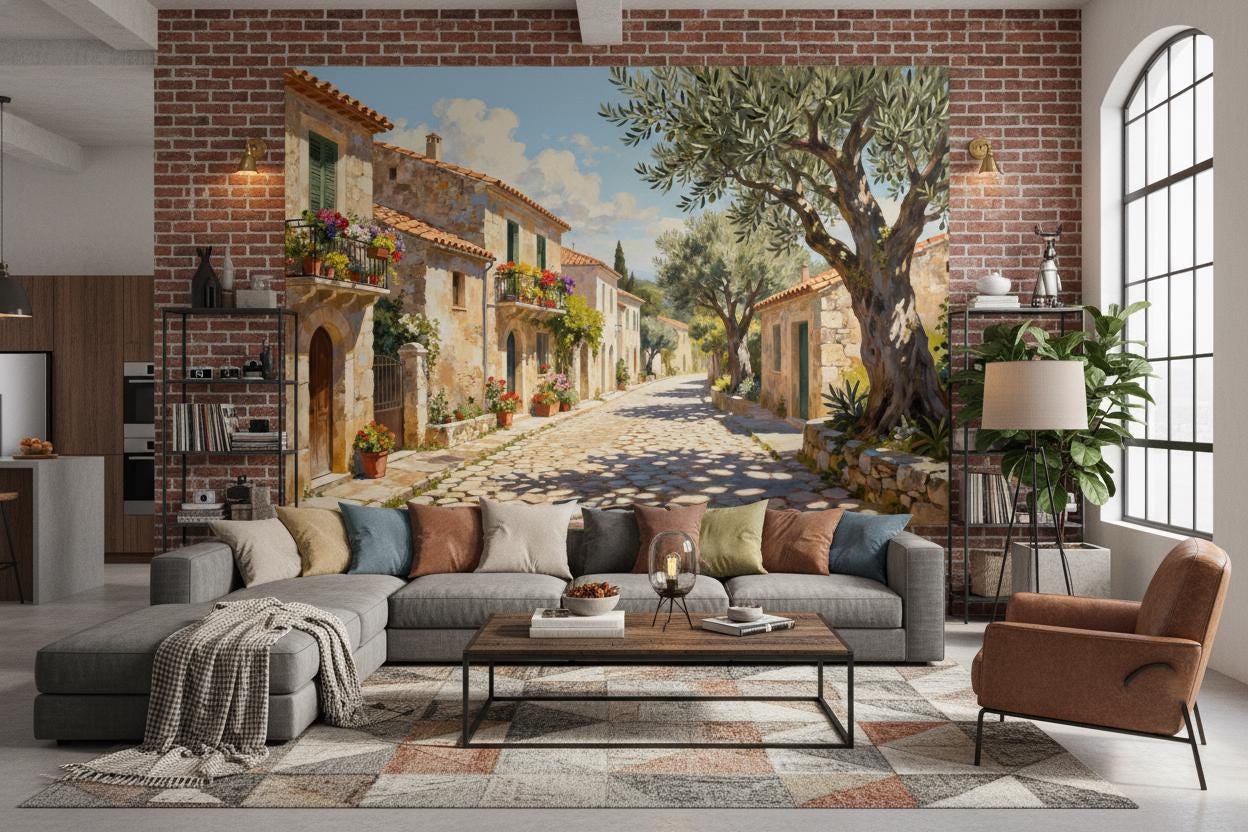 Mediterranean Village Olive Tree Floral Wallpaper – lifestyle view, Golden Era Walls