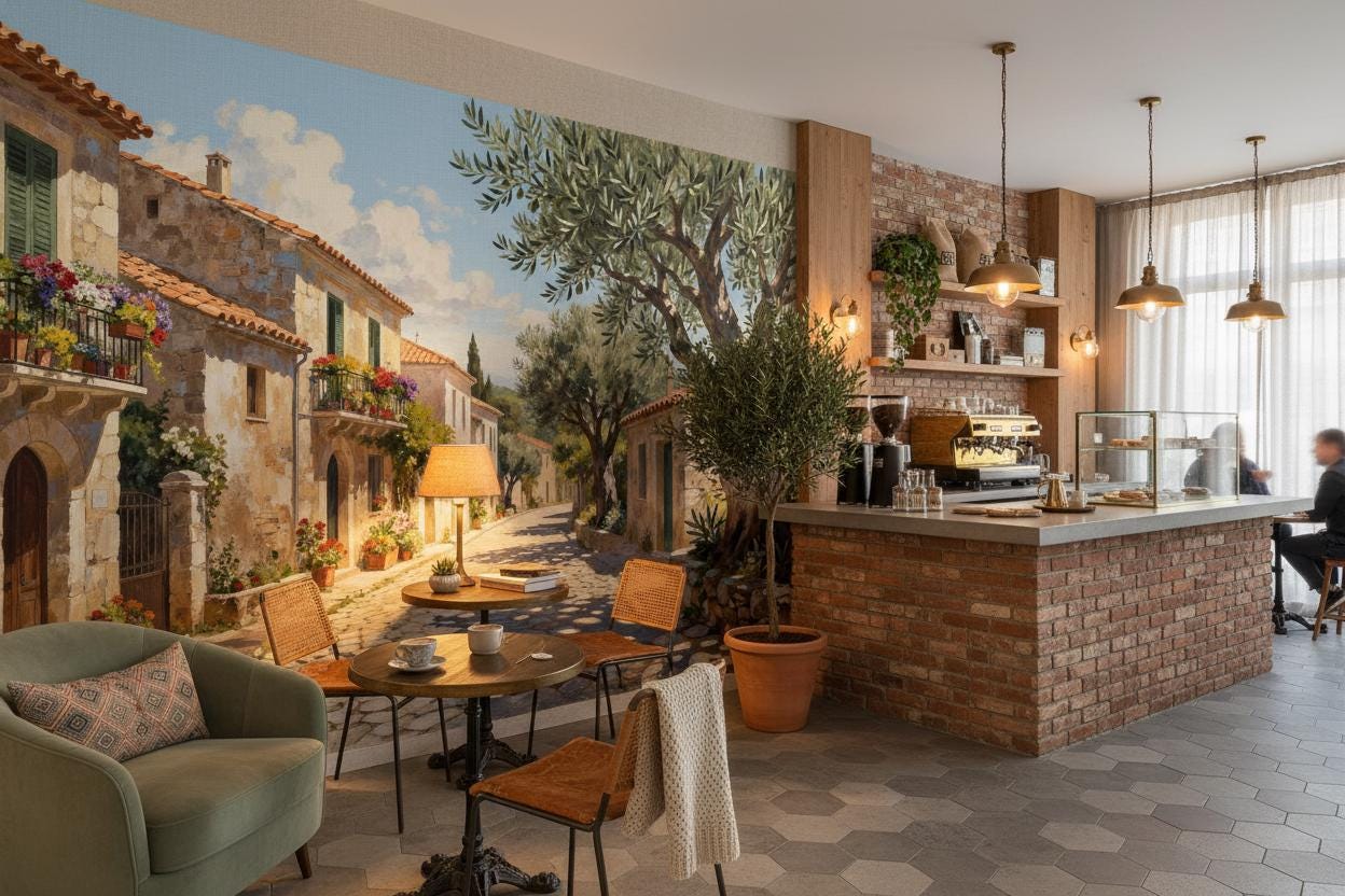 Mediterranean Village Olive Tree Floral Wallpaper – peel and stick wallpaper mural, Golden Era Walls