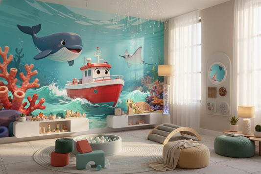Whimsical Ocean Adventure Blue Coastal Wallpaper – room setting, Golden Era Walls