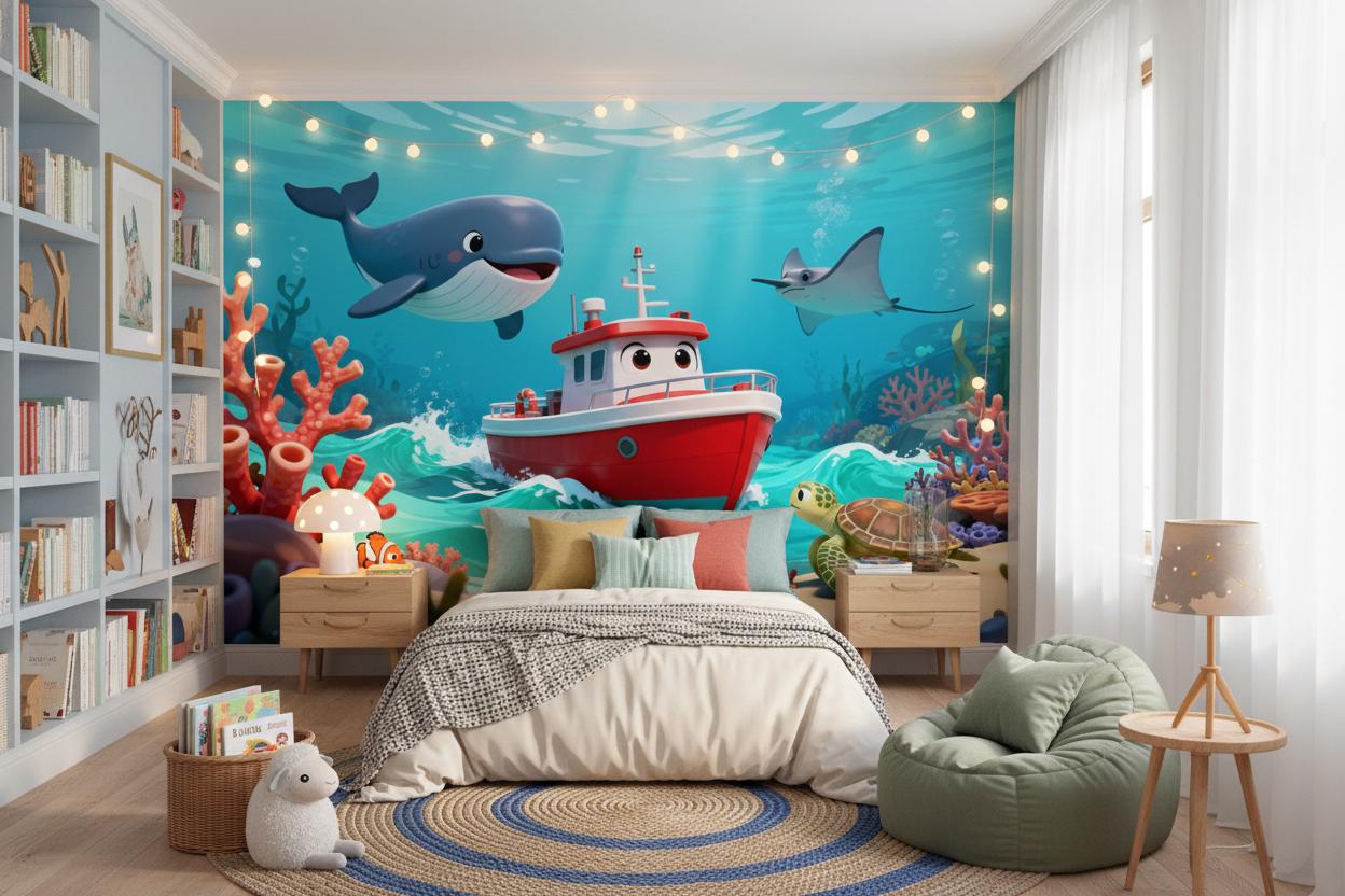 Whimsical Ocean Adventure Blue Coastal Wallpaper – lifestyle view, Golden Era Walls