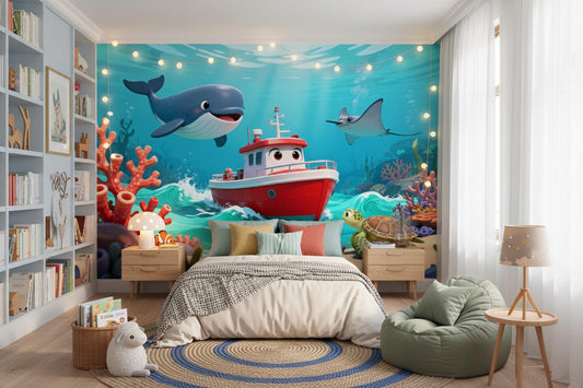 Whimsical Ocean Adventure Blue Coastal Wallpaper – lifestyle view, Golden Era Walls