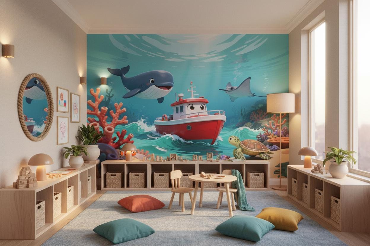 Whimsical Ocean Adventure Blue Coastal Wallpaper – scale reference, Golden Era Walls