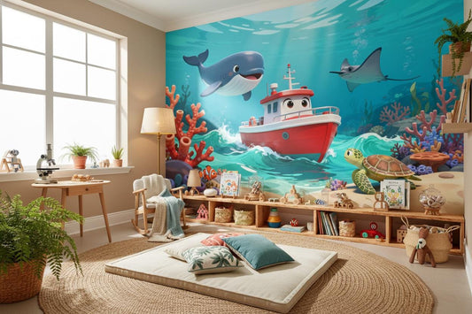 Whimsical Ocean Adventure Blue Coastal Wallpaper – peel and stick wallpaper mural, Golden Era Walls