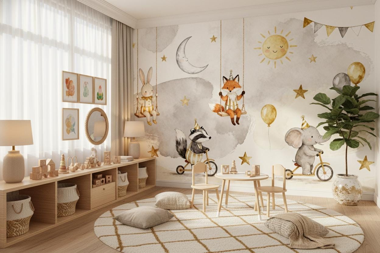 Woodland Animal Gold Grey Wallpaper – detail view, Golden Era Walls