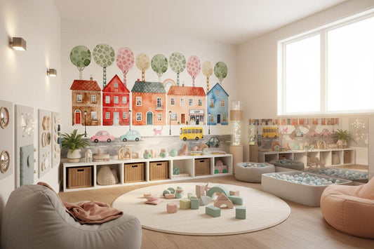 Watercolor Town Pastel City Wallpaper – detail view, Golden Era Walls