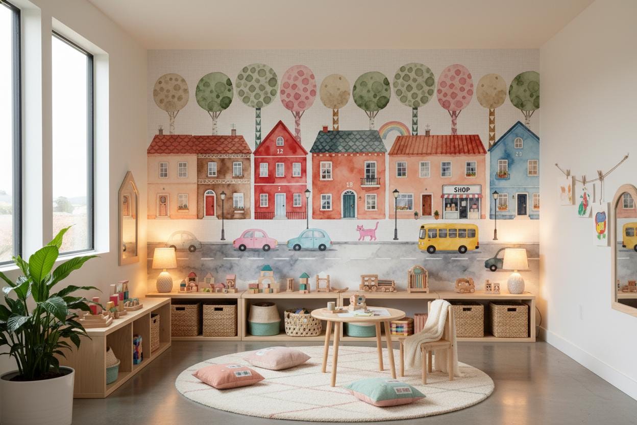 Watercolor Town Pastel City Wallpaper – scale reference, Golden Era Walls