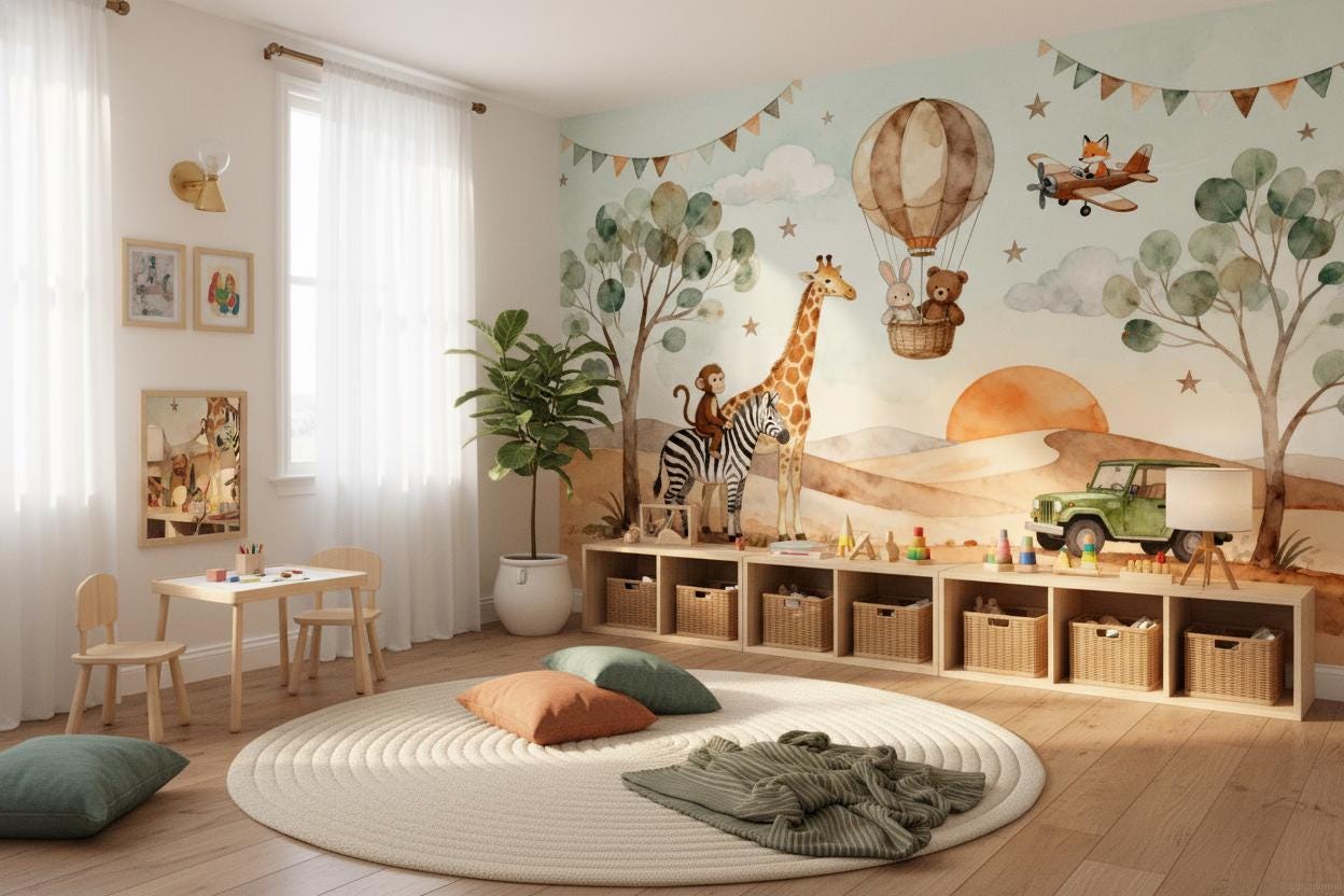 Safari Animals Watercolor Hot Tropical Wallpaper – scale reference, Golden Era Walls
