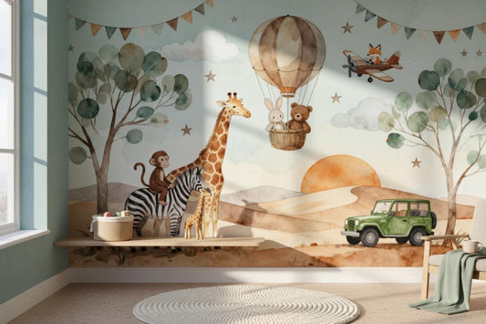 Safari Animals Watercolor Hot Tropical Wallpaper – room setting, Golden Era Walls