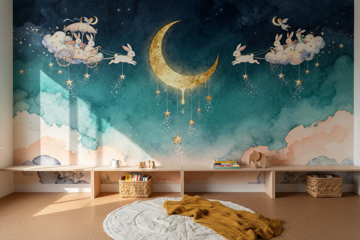 Moon Stars Rabbit Blue Wallpaper – room setting, Golden Era Walls