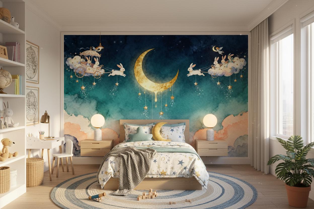 Moon Stars Rabbit Blue Wallpaper – peel and stick wallpaper mural, Golden Era Walls