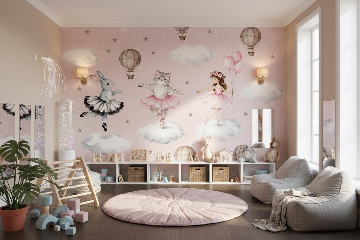 Ballerina Pink Watercolor Bunny Wallpaper – scale reference, Golden Era Walls
