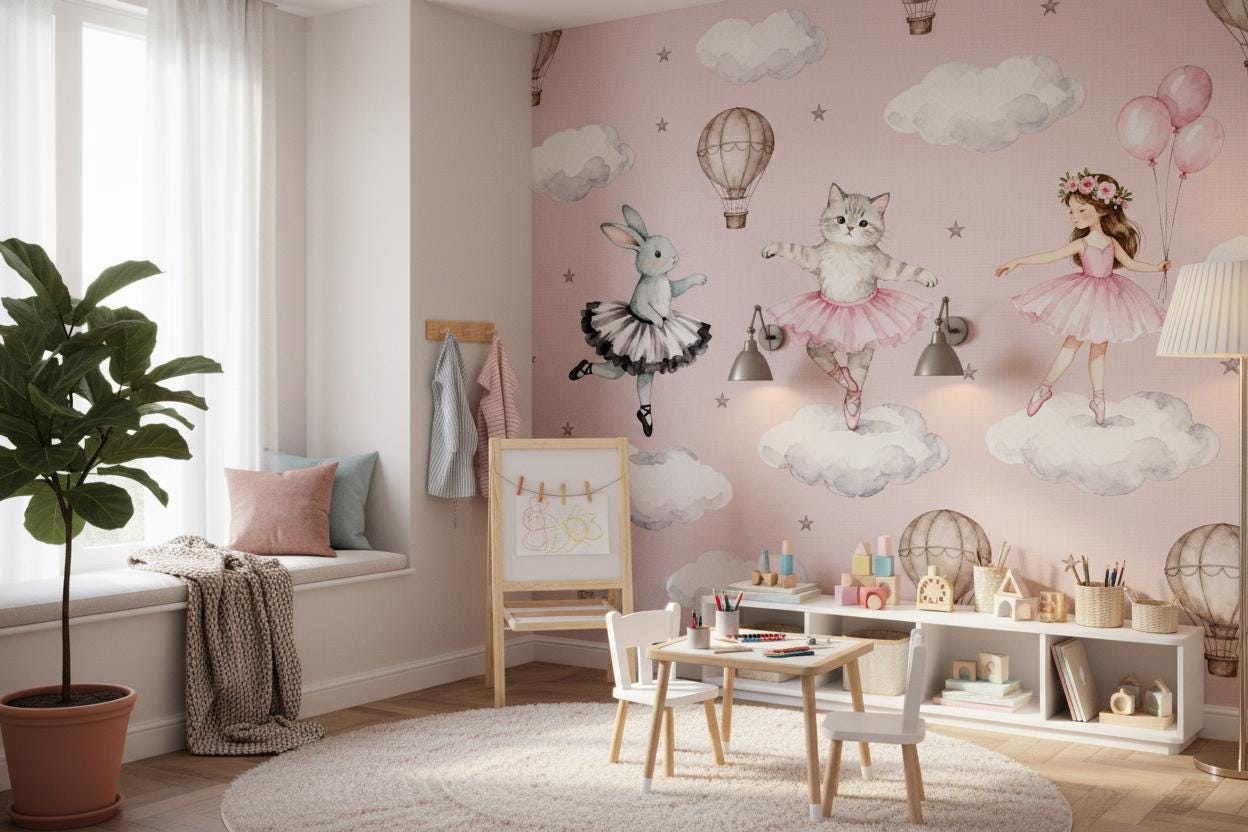 Ballerina Pink Watercolor Bunny Wallpaper – detail view, Golden Era Walls