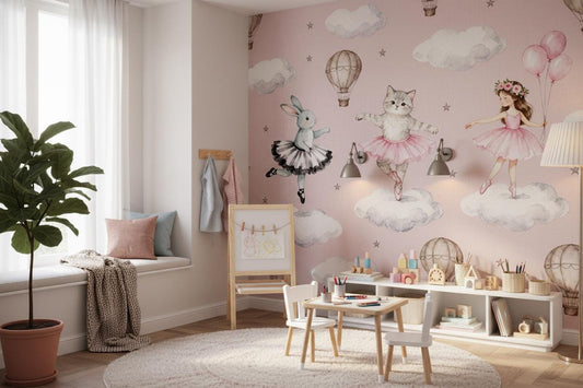 Ballerina Pink Watercolor Bunny Wallpaper – detail view, Golden Era Walls