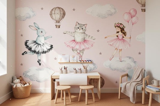Ballerina Pink Watercolor Bunny Wallpaper – peel and stick wallpaper mural, Golden Era Walls