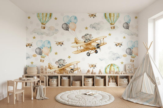 Airplane Blue Gold Hot Wallpaper – lifestyle view, Golden Era Walls