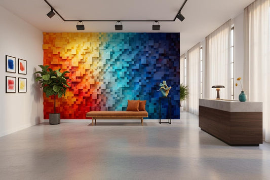 Multicolor Geometric 3D Blocks Geometric Wallpaper – room setting, Golden Era Walls