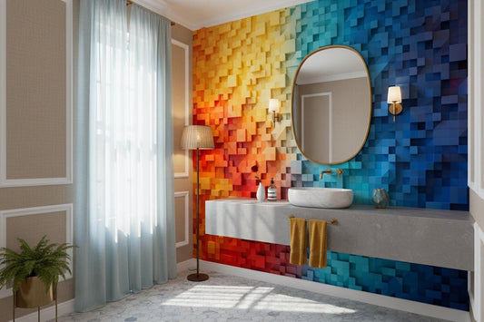 Multicolor Geometric 3D Blocks Geometric Wallpaper – lifestyle view, Golden Era Walls