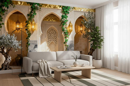 Moroccan Arch Gold Cream Floral Wallpaper – peel and stick wallpaper mural, Golden Era Walls