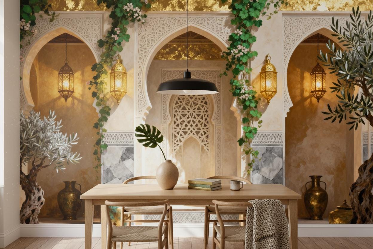 Moroccan Arch Gold Cream Floral Wallpaper – lifestyle view, Golden Era Walls