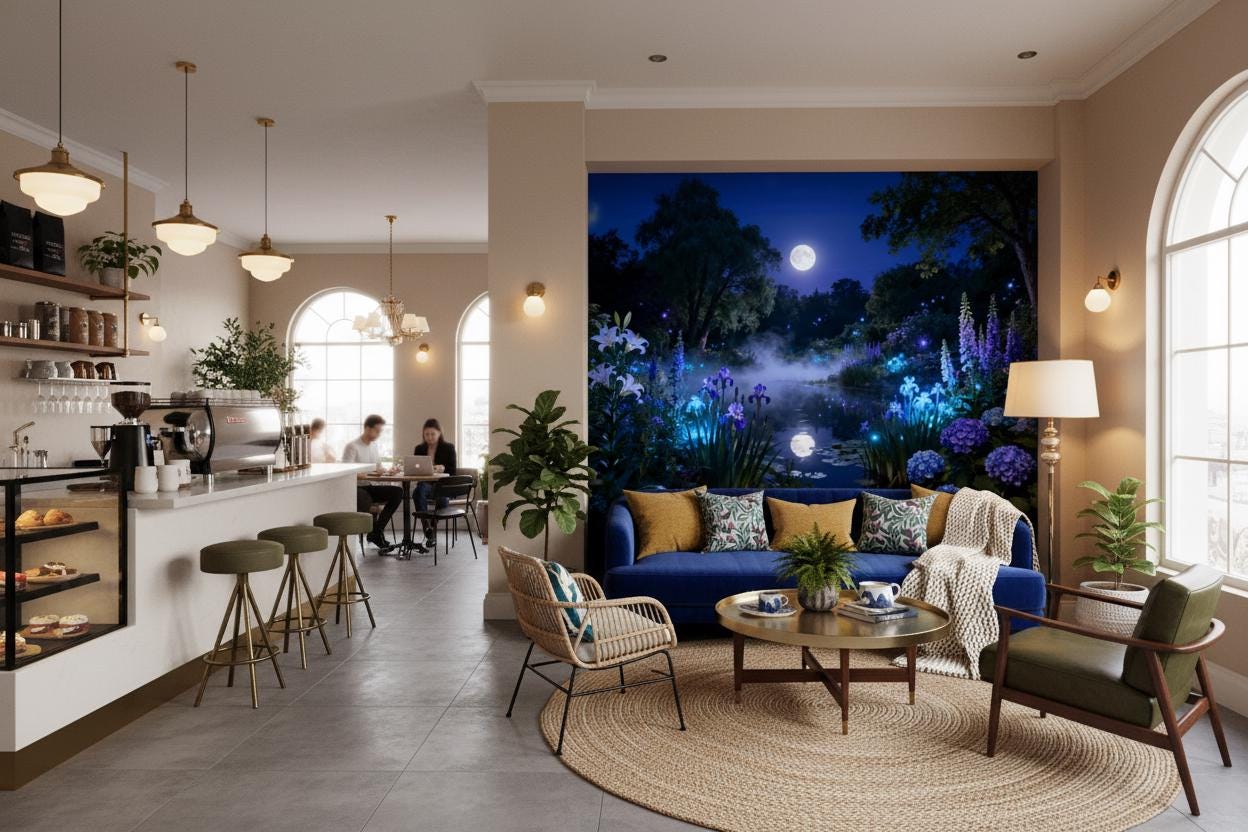 Moonlit Floral Blue Enchanted Floral Wallpaper – alternate view, Golden Era Walls