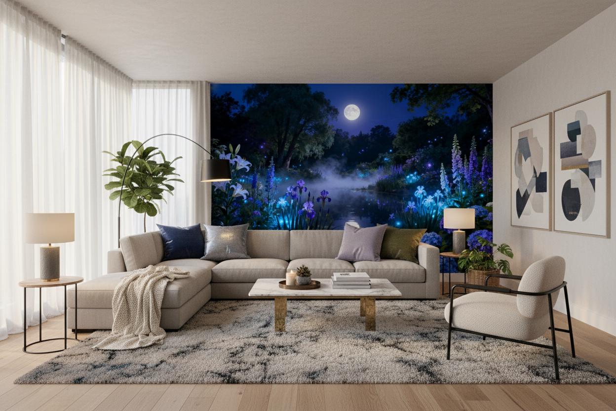 Moonlit Floral Blue Enchanted Floral Wallpaper – lifestyle view, Golden Era Walls