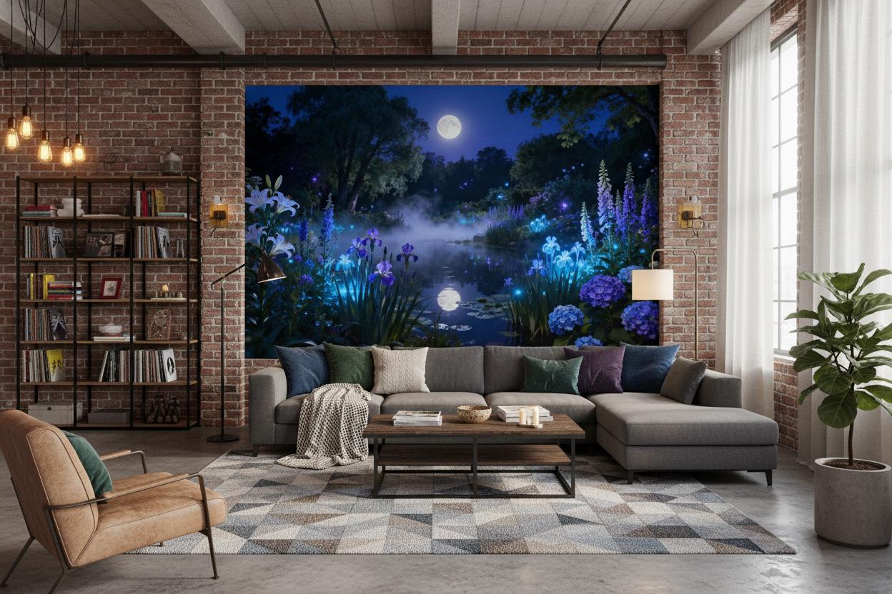 Moonlit Floral Blue Enchanted Floral Wallpaper – scale reference, Golden Era Walls