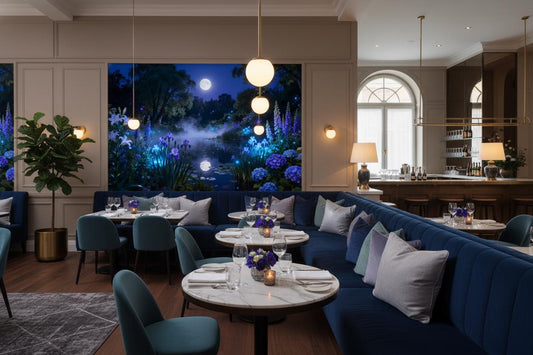 Moonlit Floral Blue Enchanted Floral Wallpaper – room setting, Golden Era Walls