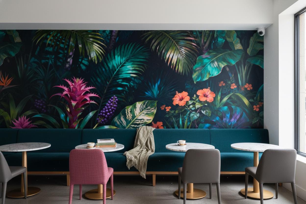 Moody Maximalist Tropical Dark Floral Wallpaper – lifestyle view, Golden Era Walls