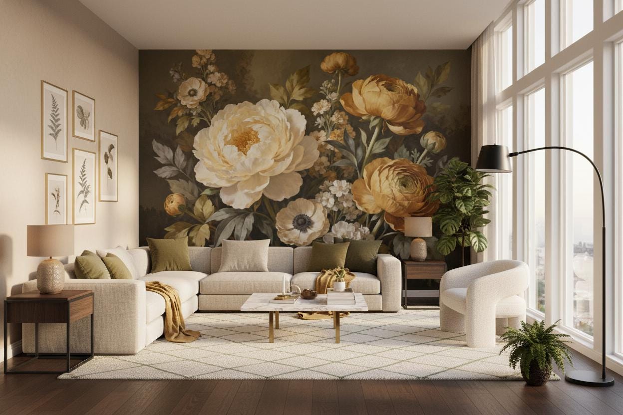 Moody Floral Dark Botanical Floral Wallpaper – scale reference, Golden Era Walls