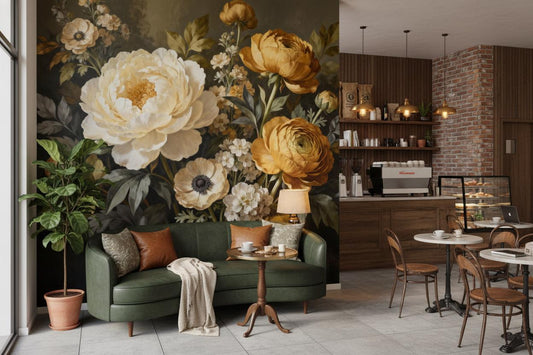 Moody Floral Dark Botanical Floral Wallpaper – peel and stick wallpaper mural, Golden Era Walls