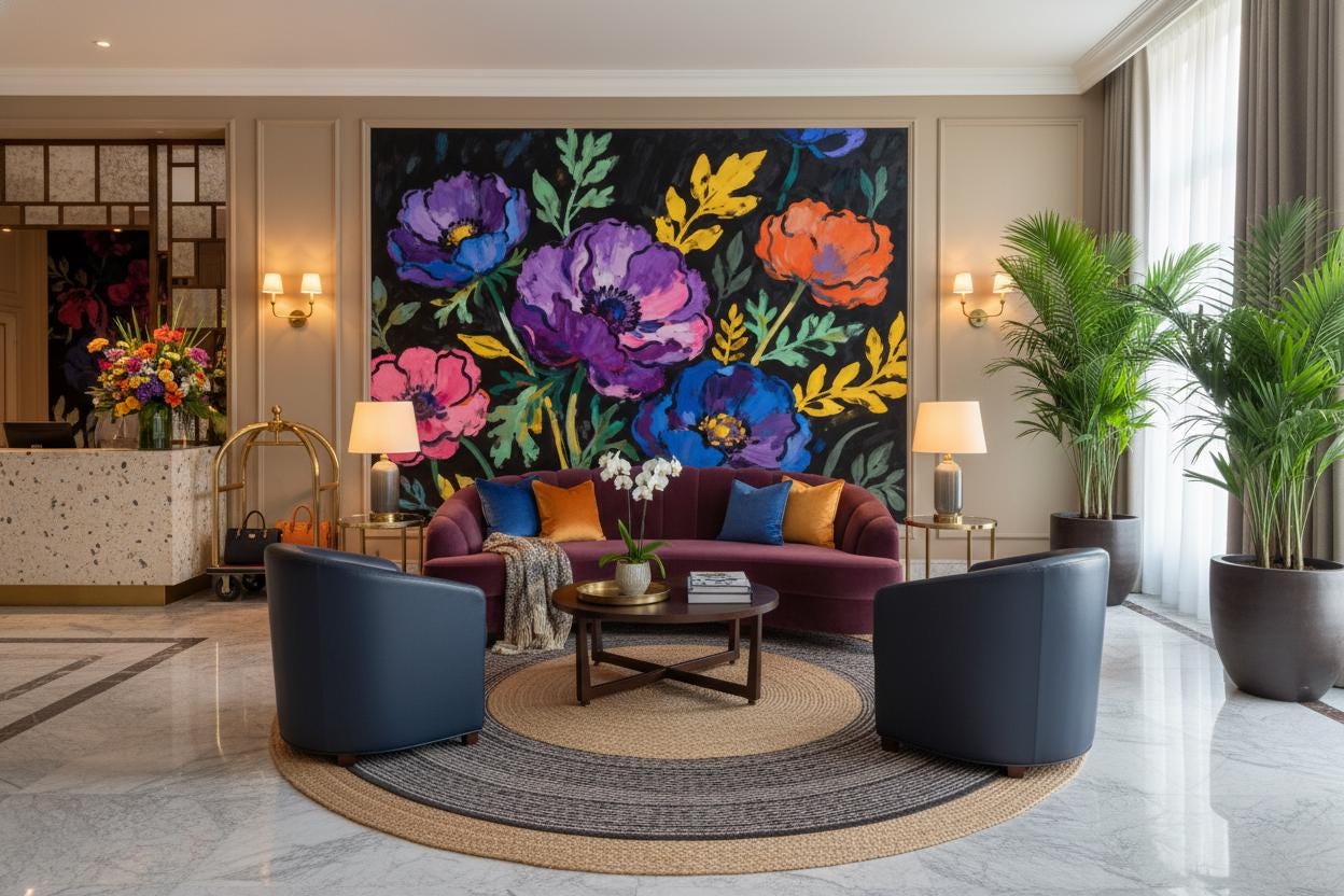 Painterly Dark Floral Colorful Floral Wallpaper – room setting, Golden Era Walls