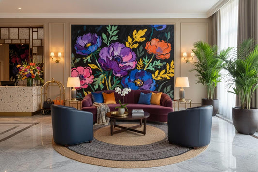 Painterly Dark Floral Colorful Floral Wallpaper – room setting, Golden Era Walls