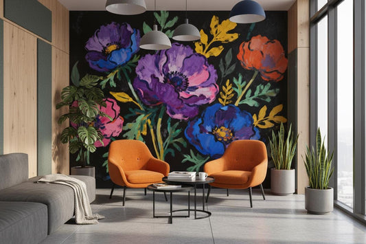 Painterly Dark Floral Colorful Floral Wallpaper – peel and stick wallpaper mural, Golden Era Walls