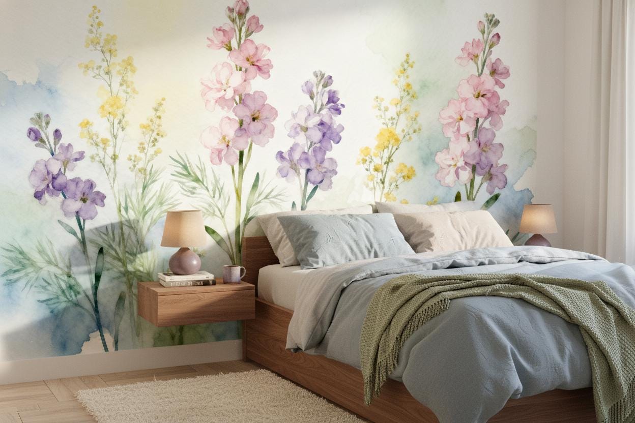 Pastel Watercolor Floral Botanical Floral Wallpaper – peel and stick wallpaper mural, Golden Era Walls