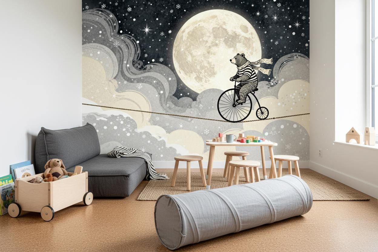 Whimsical Bear Moon Gray Wallpaper – alternate view, Golden Era Walls