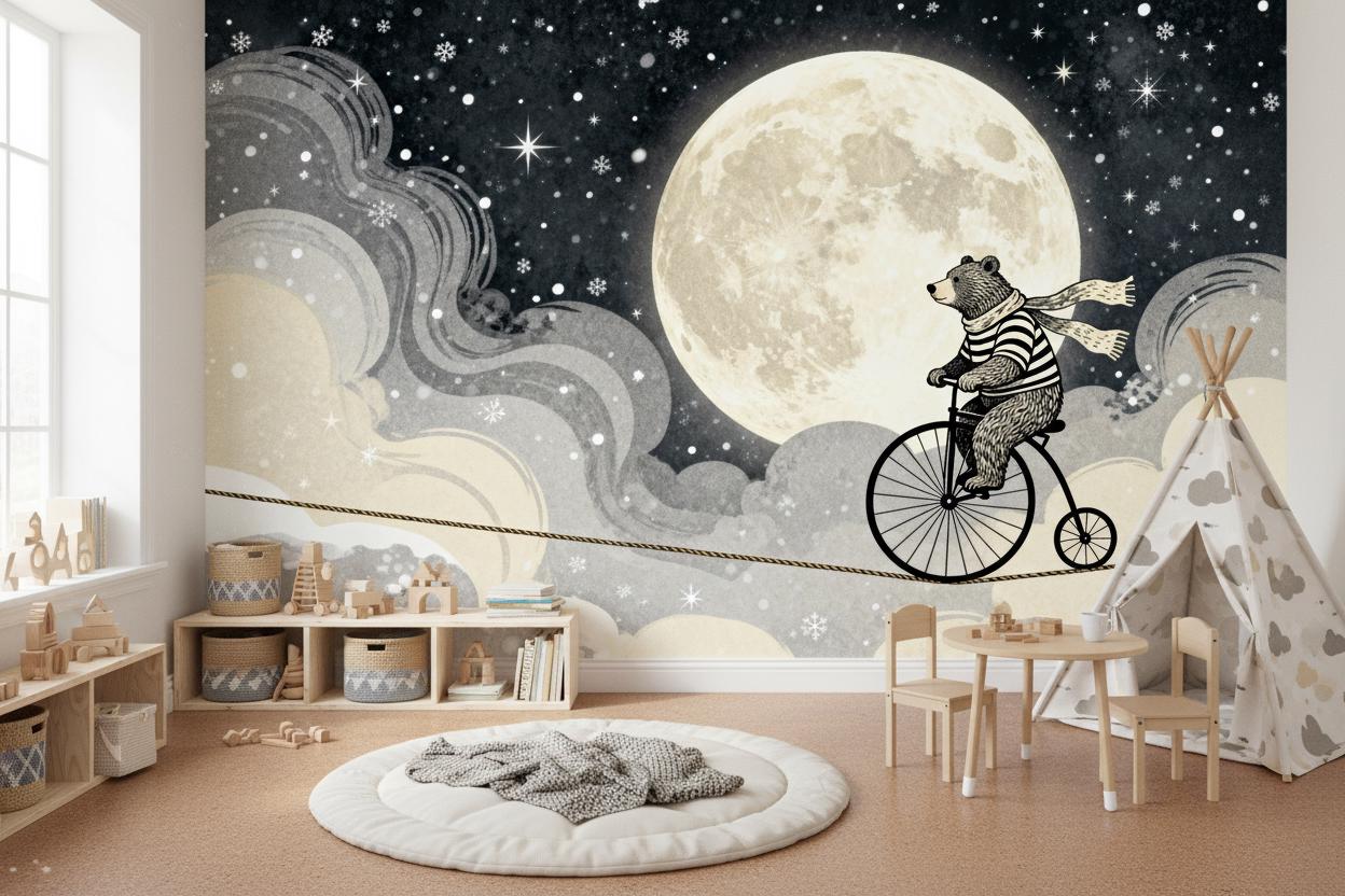 Whimsical Bear Moon Gray Wallpaper – detail view, Golden Era Walls
