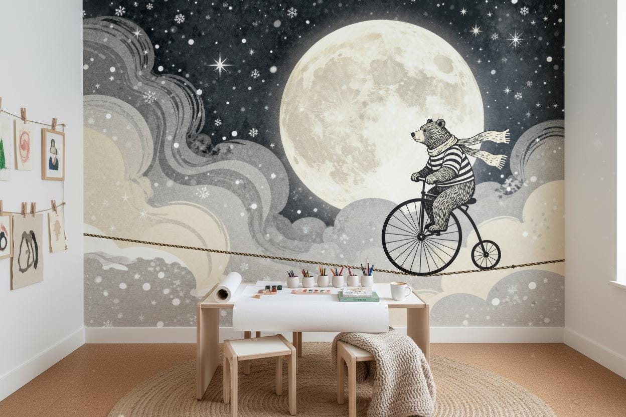 Whimsical Bear Moon Gray Wallpaper – lifestyle view, Golden Era Walls