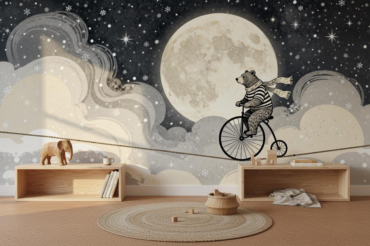 Whimsical Bear Moon Gray Wallpaper – peel and stick wallpaper mural, Golden Era Walls