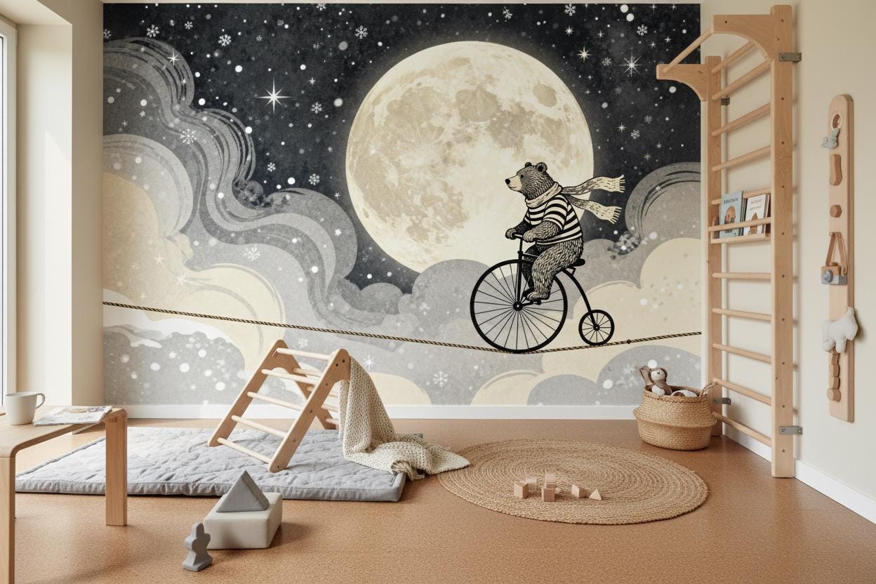 Whimsical Bear Moon Gray Wallpaper – room setting, Golden Era Walls