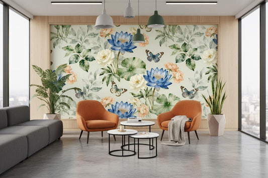 Watercolor Vintage Floral Blue Floral Wallpaper – lifestyle view, Golden Era Walls