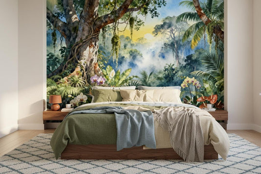 Watercolor Tropical Jungle Non Floral Wallpaper – room setting, Golden Era Walls